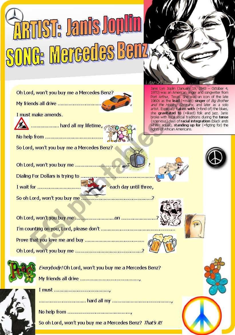 Song Listening Exercise: Janis Joplin - Mercedes Benz (+Vocabulary Exercises w Solutions)