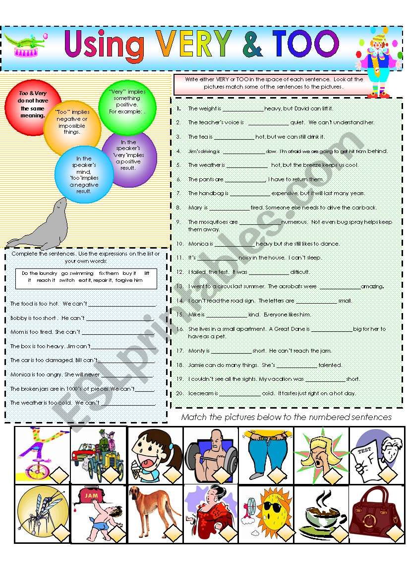 VERY & TOO worksheet