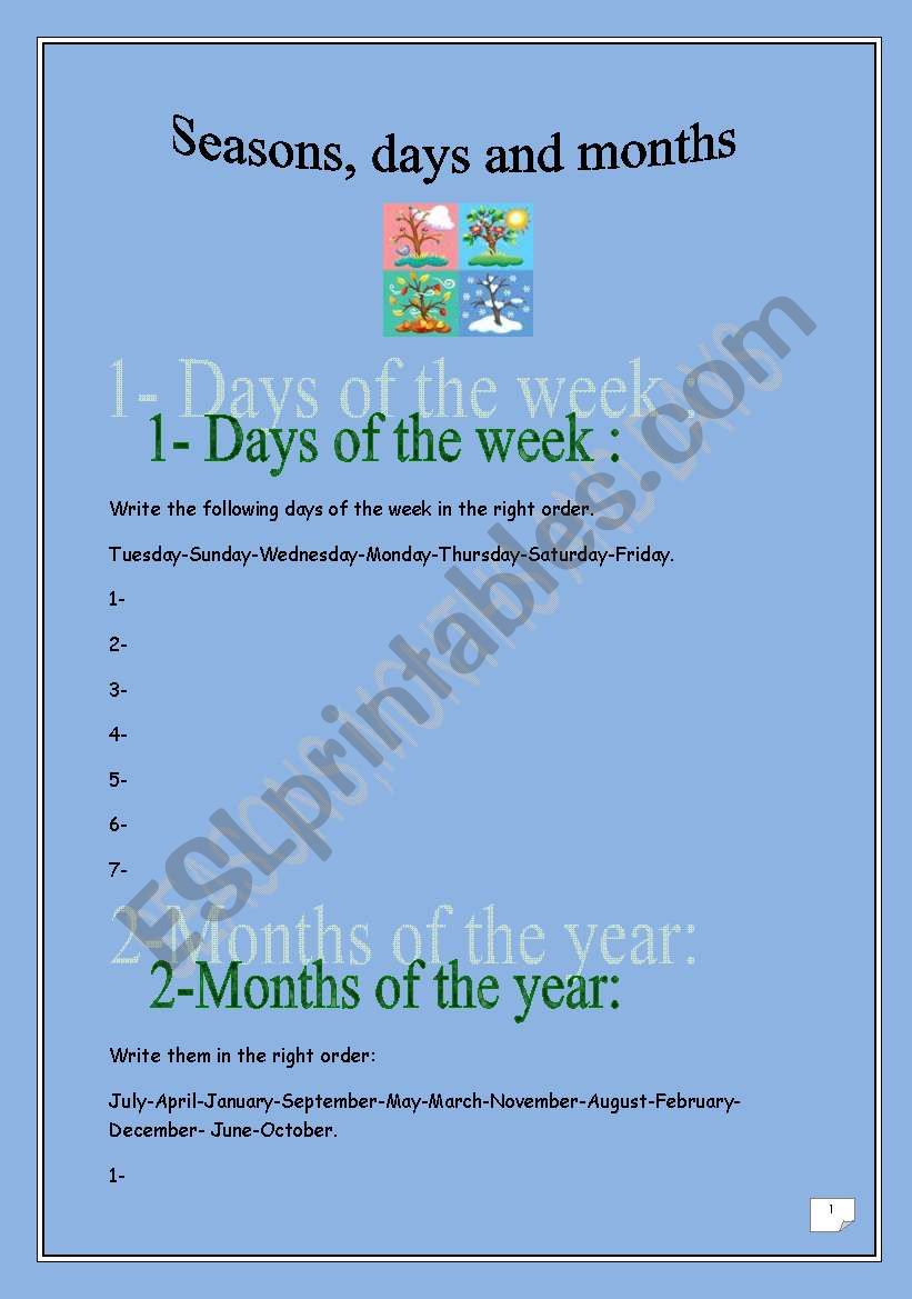 Seasons, days & months (elementary) (2 pages): REVISION worksheet