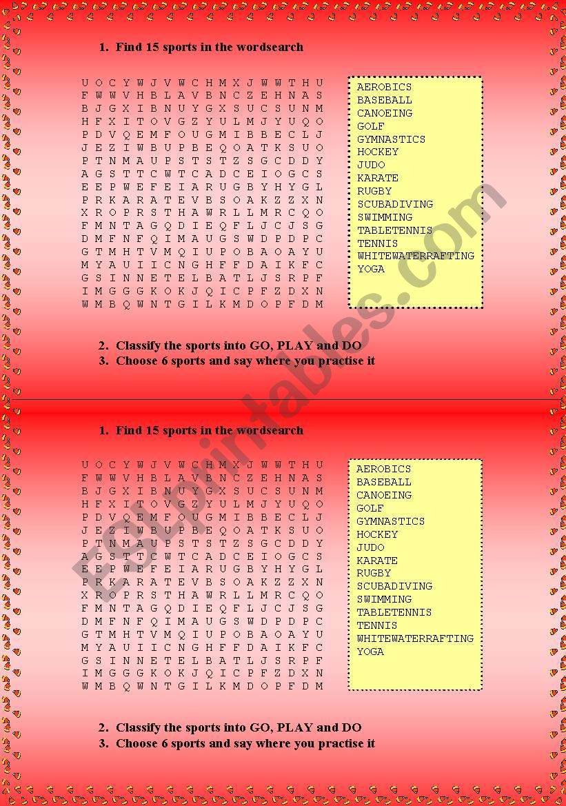 Sports wordsearch and other exercises