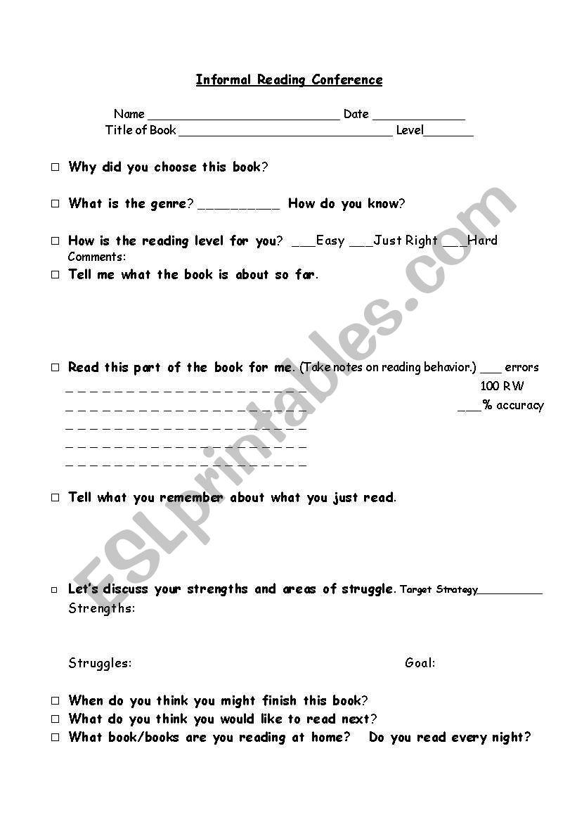 Individual Reading Conference form 