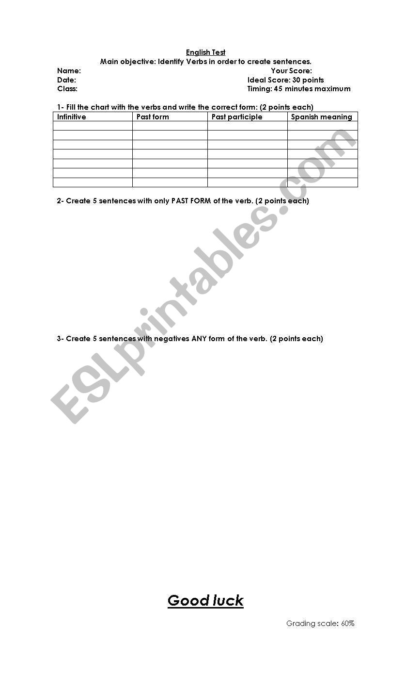 Regular and Iregular test worksheet