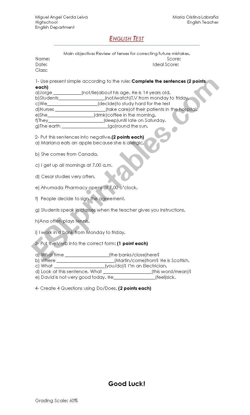 Present simple test worksheet