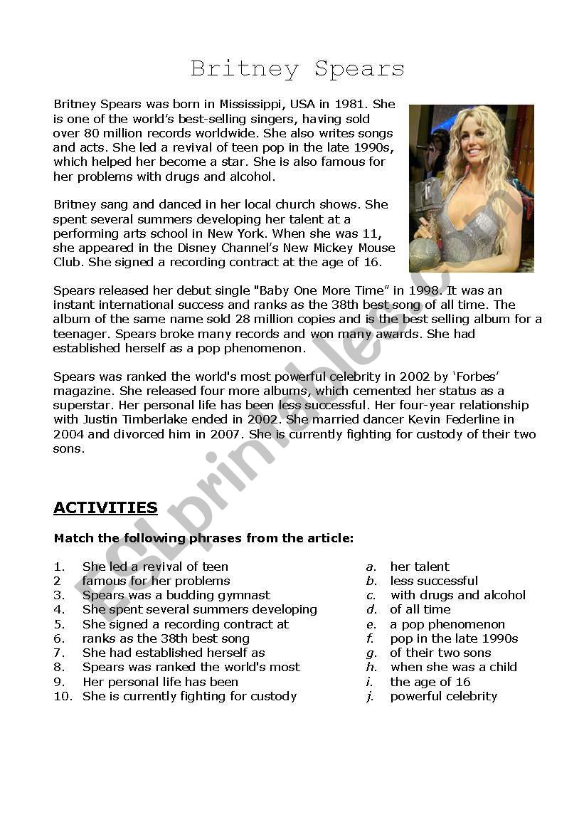 Britney Spears worksheet