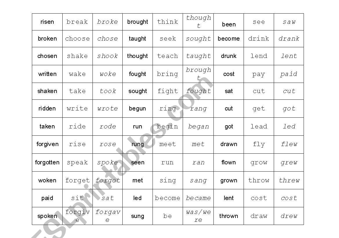 Domino game to remember irregular verbs