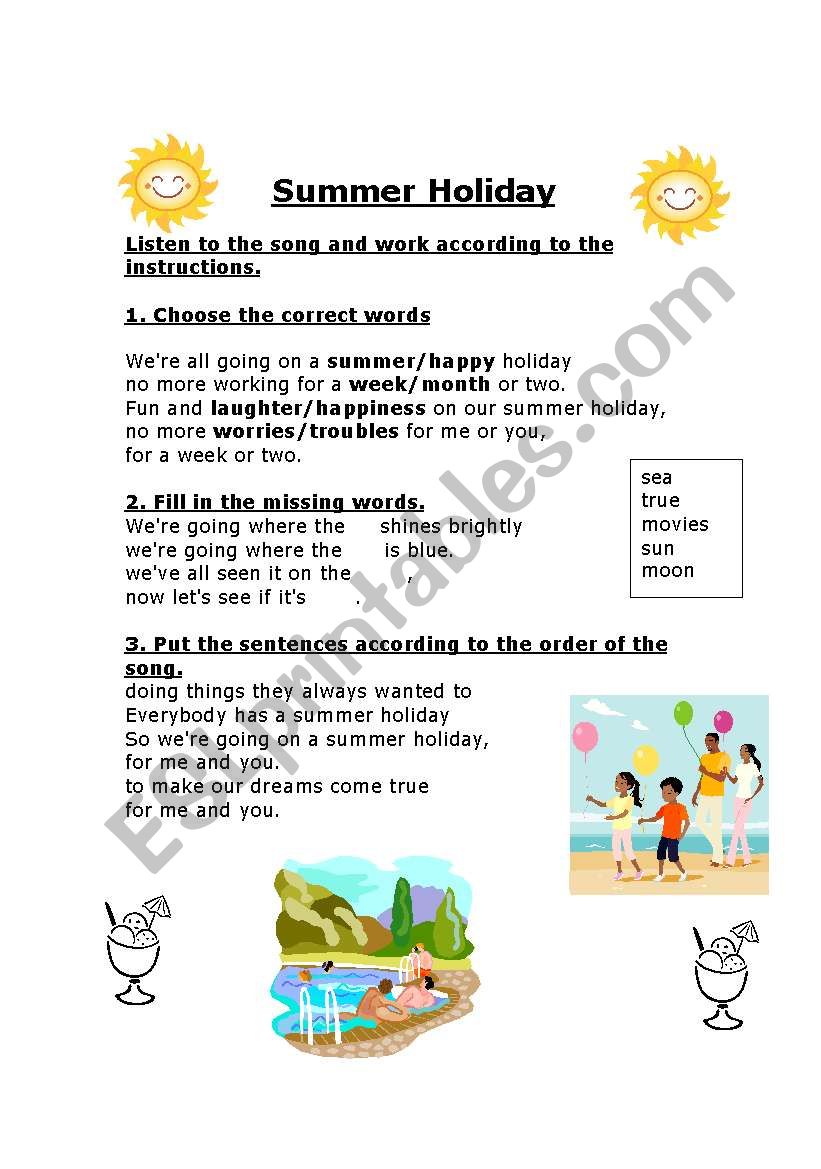 summer holiday-song worksheet