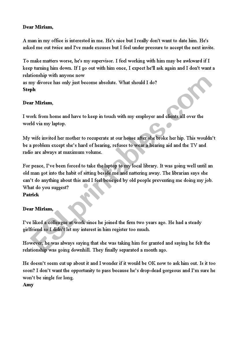 Agony Aunt letters worksheet