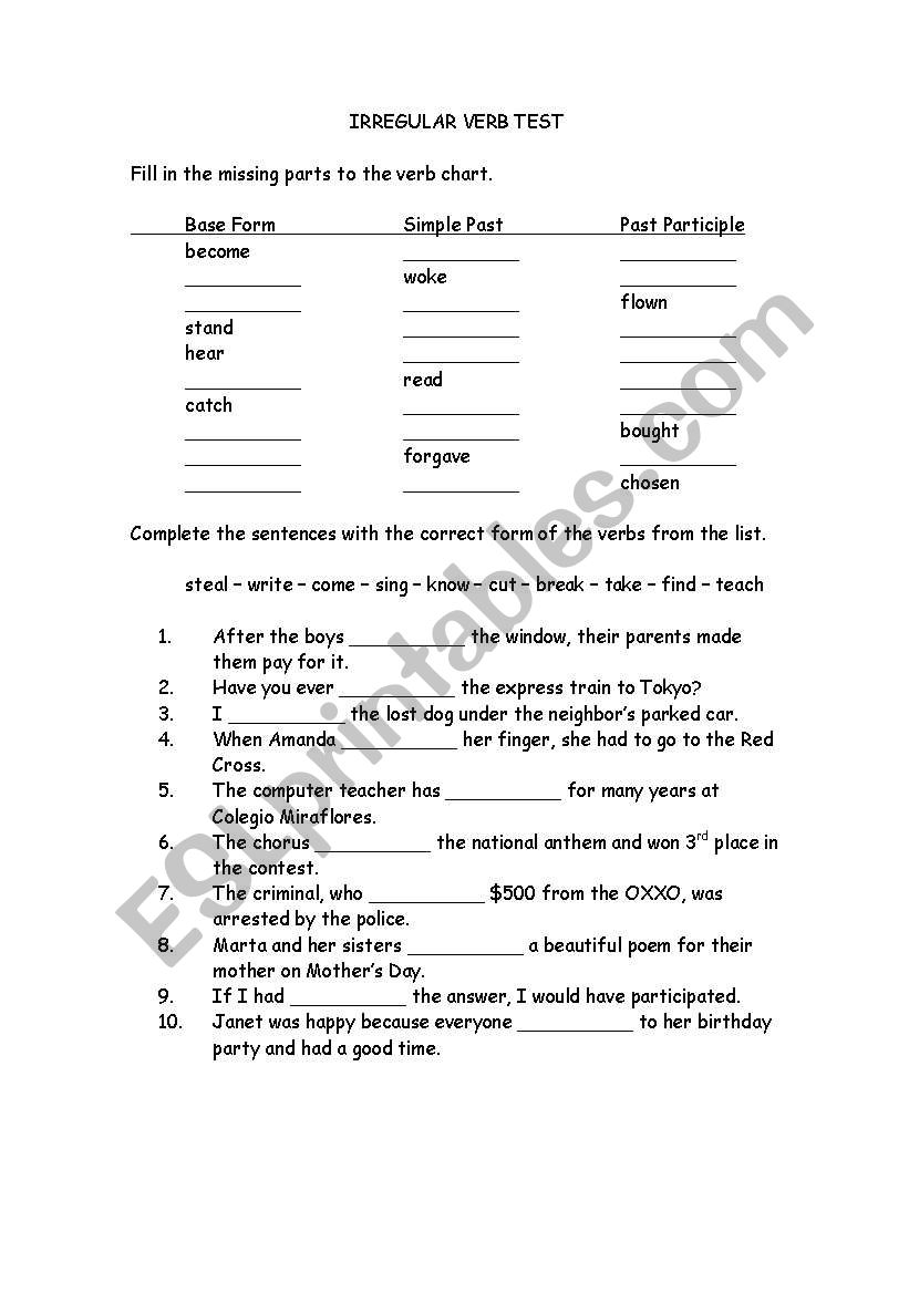 Irregular Verb Test worksheet