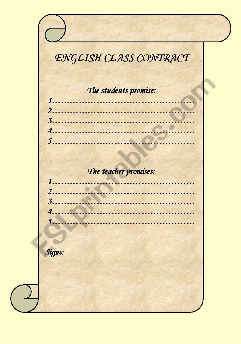 English class contract  worksheet