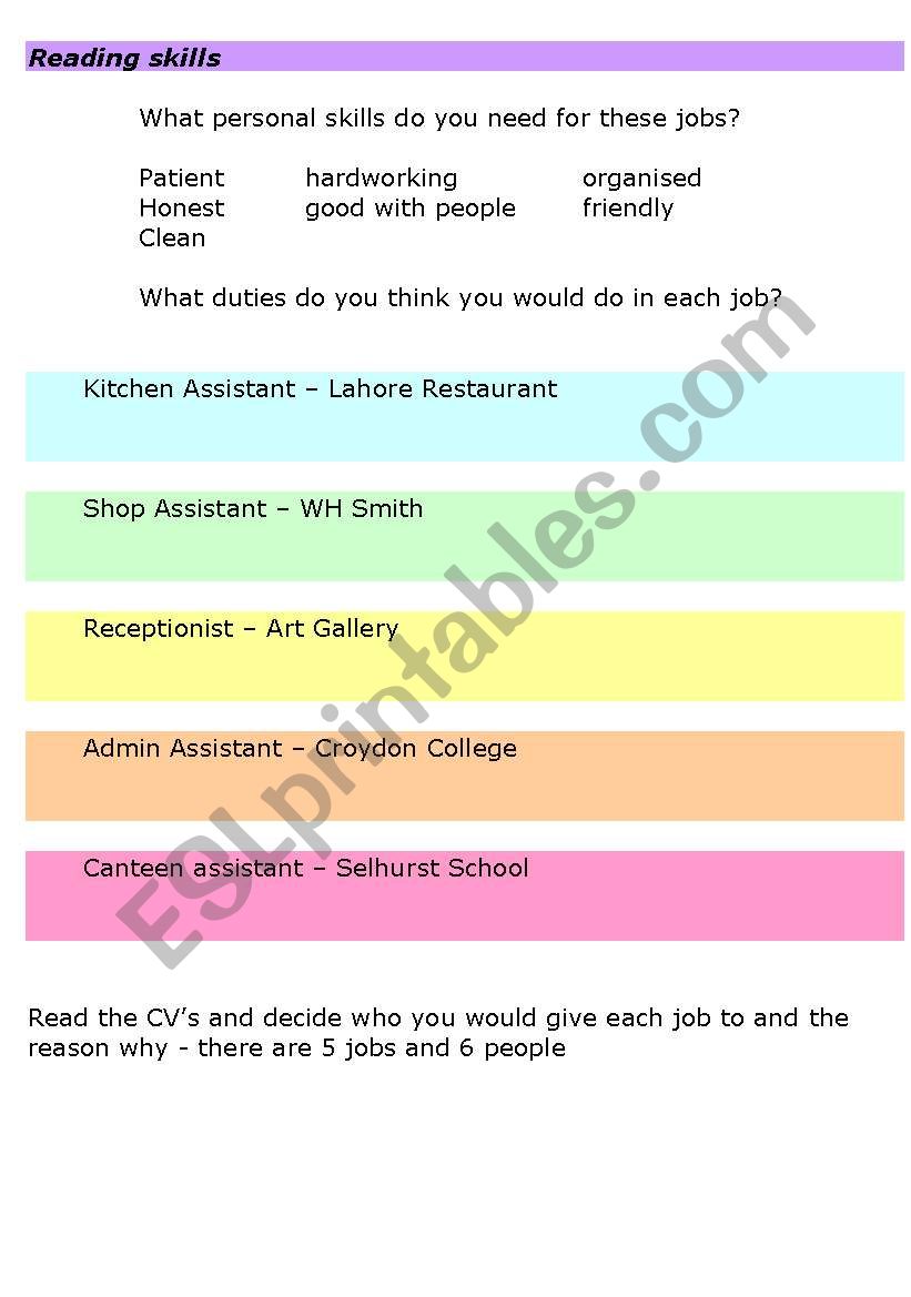 CV Reading Skills worksheet