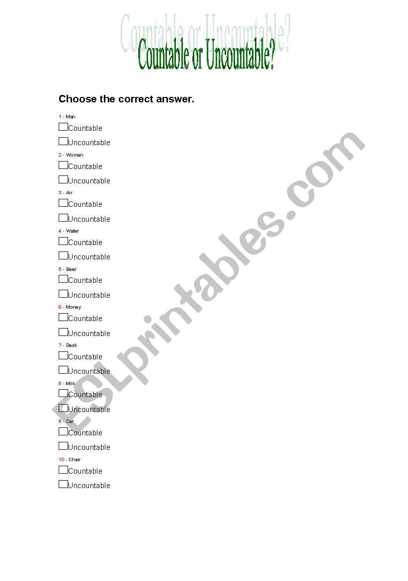 Countable or Uncountable? worksheet