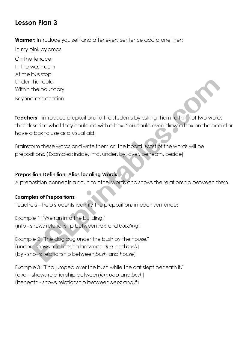 Lesson plans - prespositions worksheet