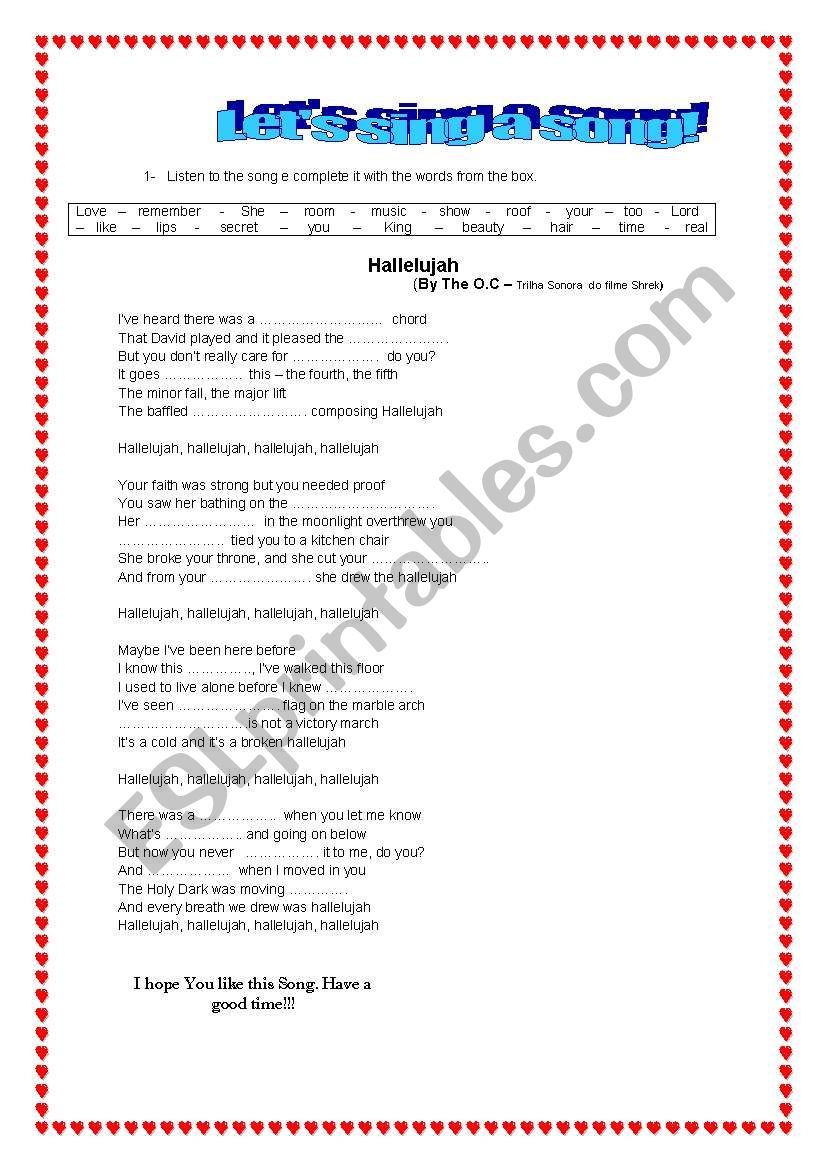 song Hallelujah worksheet