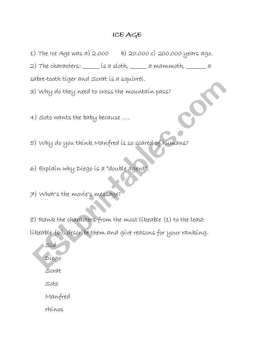 Ice Age worksheet