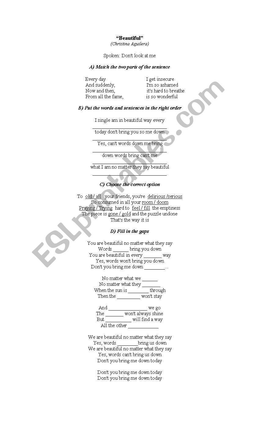 Beautiful -Christina Aguilera worksheet