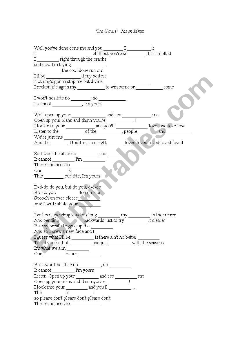 Im Yours-Jason Mraz- Song worksheet