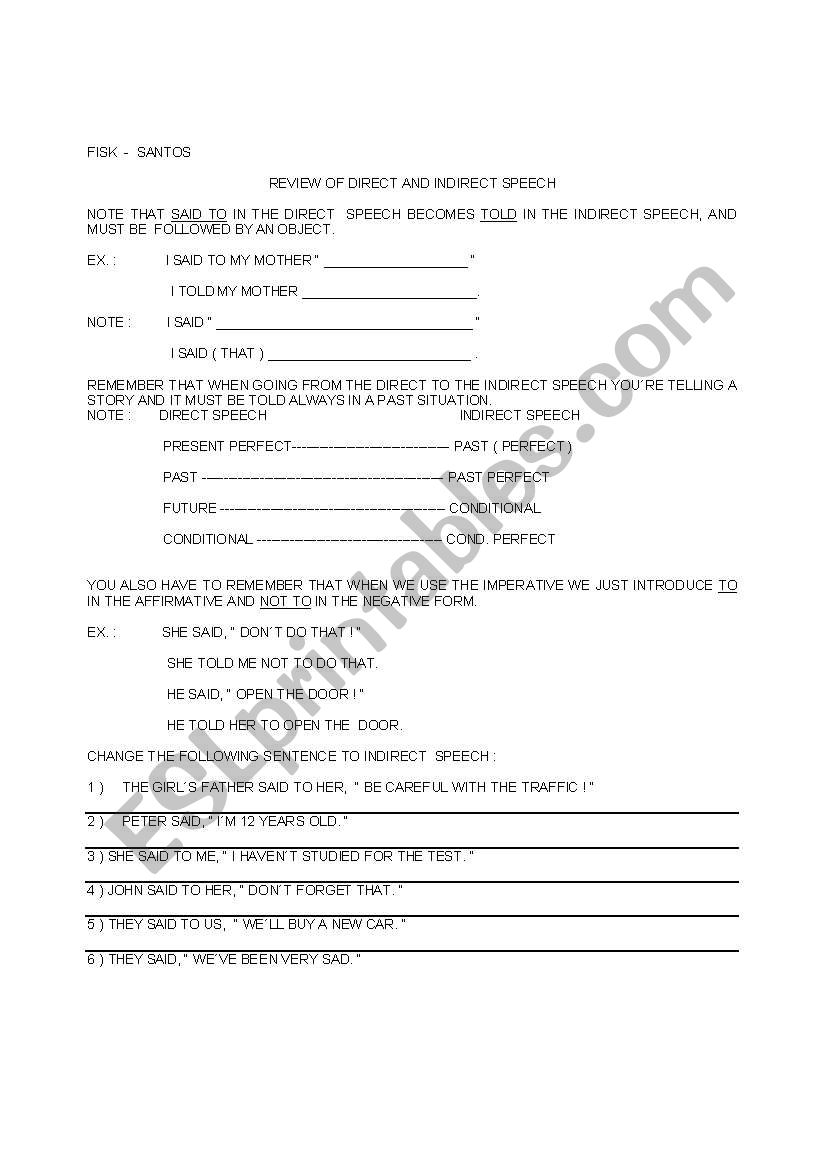 Direct and Indirect Speech worksheet