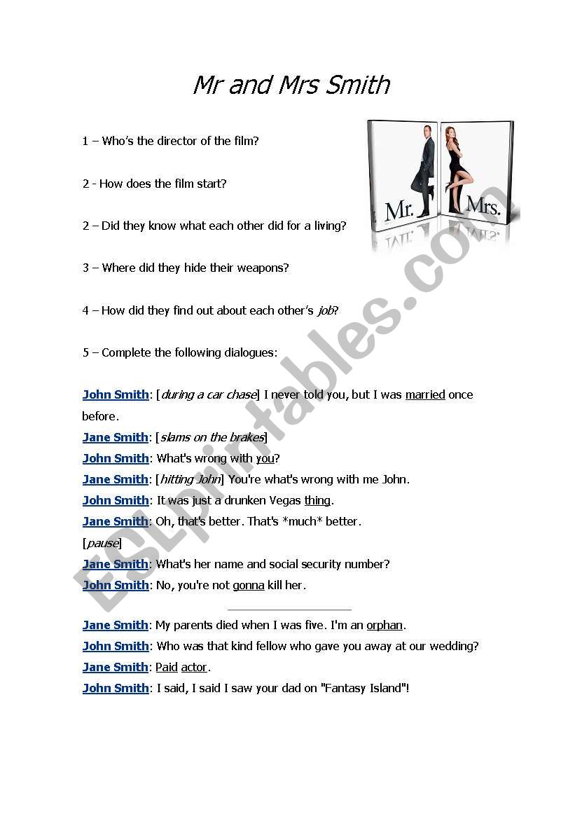 Mr and Mrs Smith worksheet