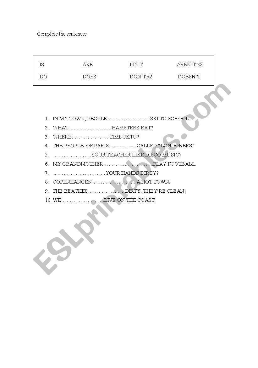 complete the sentences worksheet