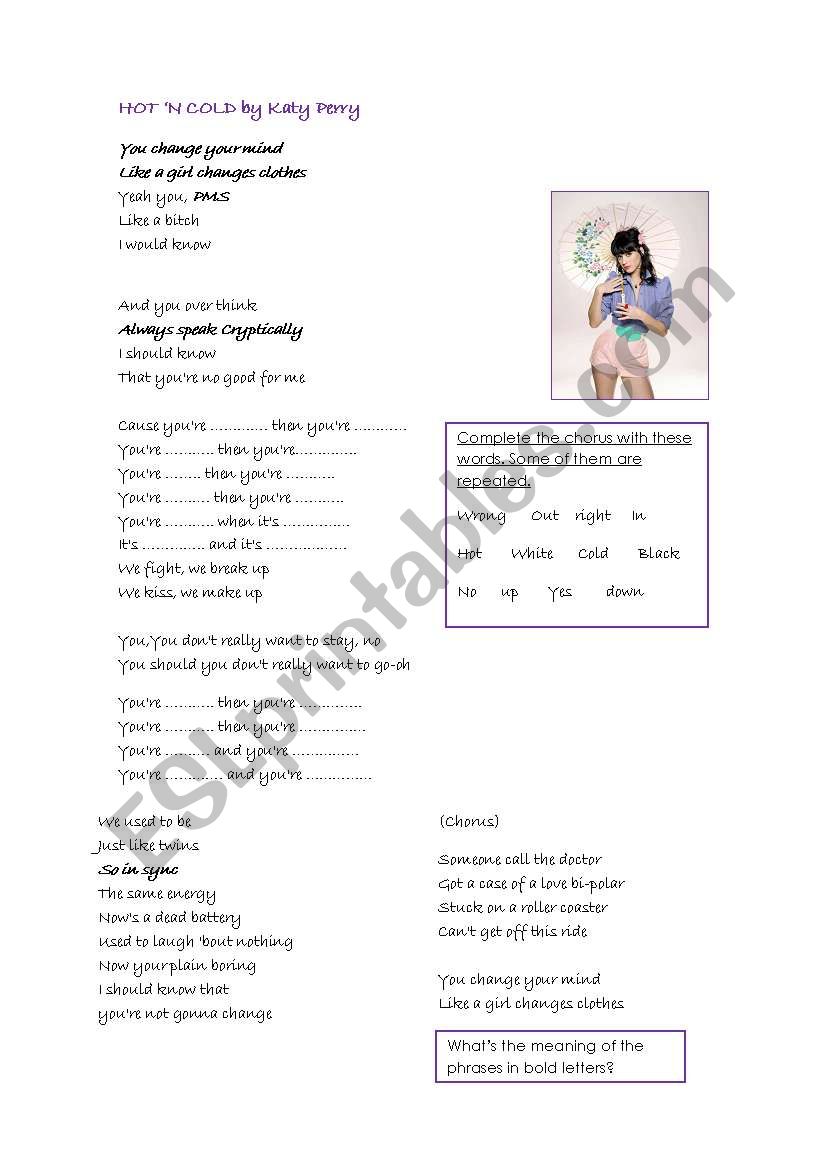 Hot n Cold by Katy Perry worksheet