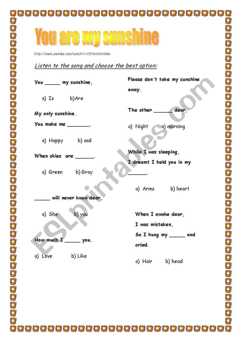 you are my sunshine lyrics - ESL worksheet by vassoula35