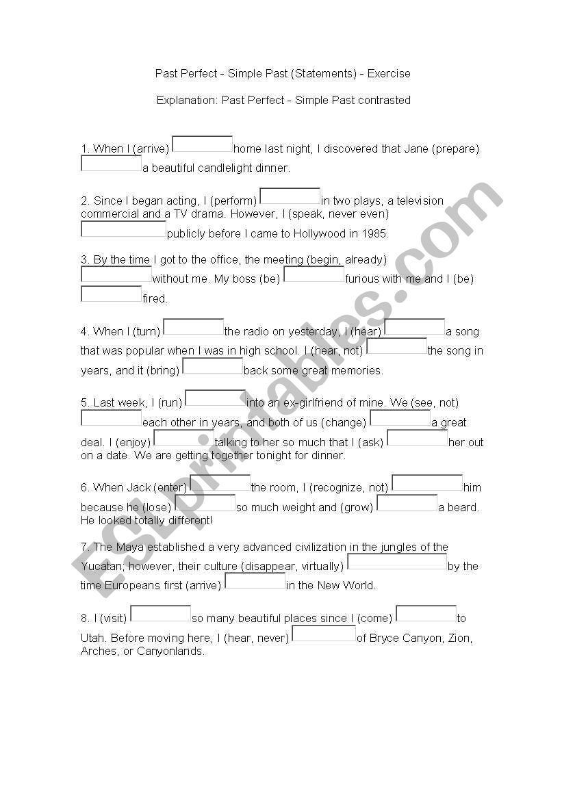past perfect tense exercises worksheet
