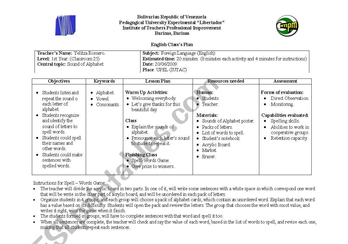 Class Plan worksheet