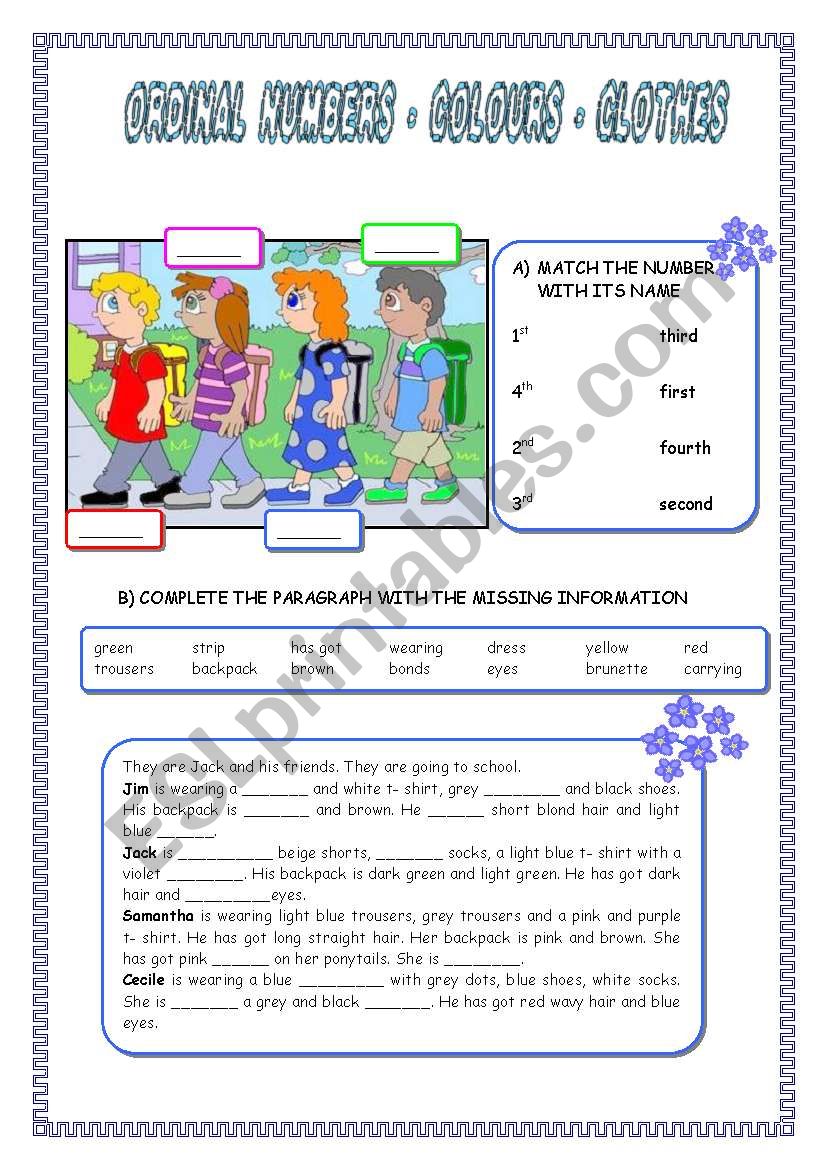 DESCRIBING PEOPLE : colours, clothes and accessories, ordinal numbers