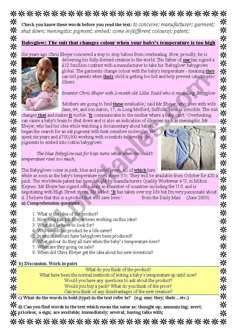Babygrows which show rise in babys temperature, called BABYGLOWS