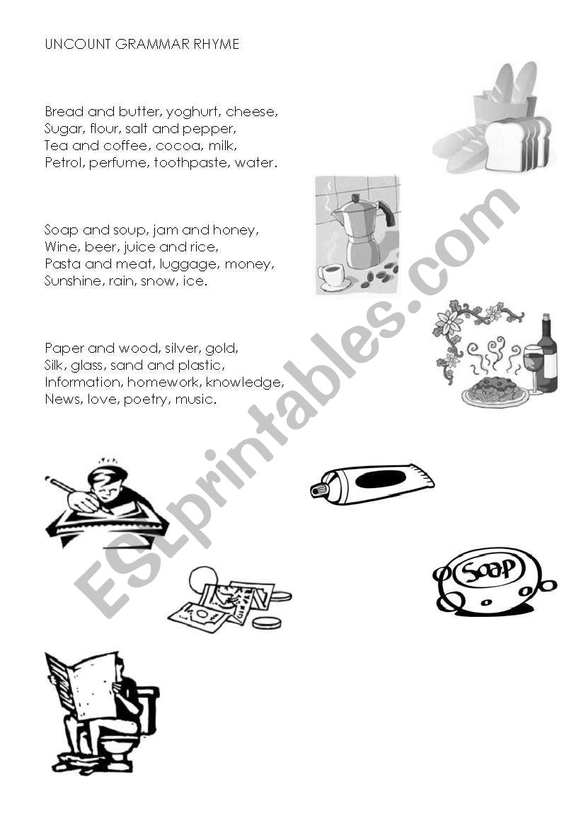 uncount grammar rhyme worksheet