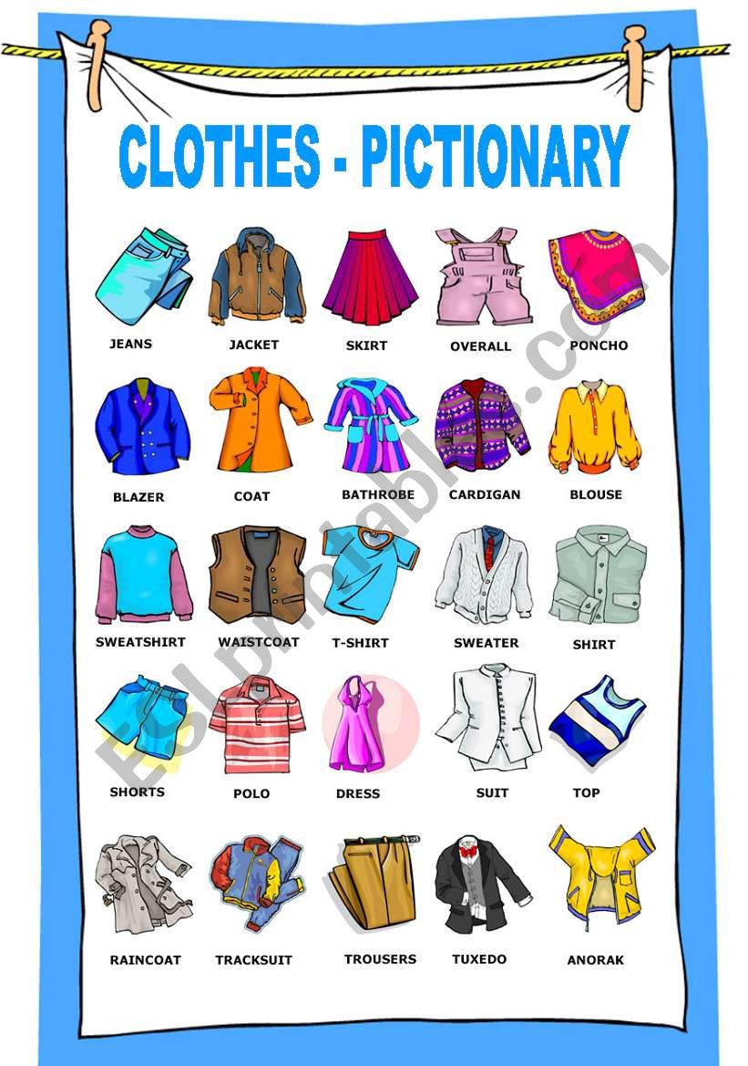 CLOTHES PICTIONARY - ESL worksheet by Katiana