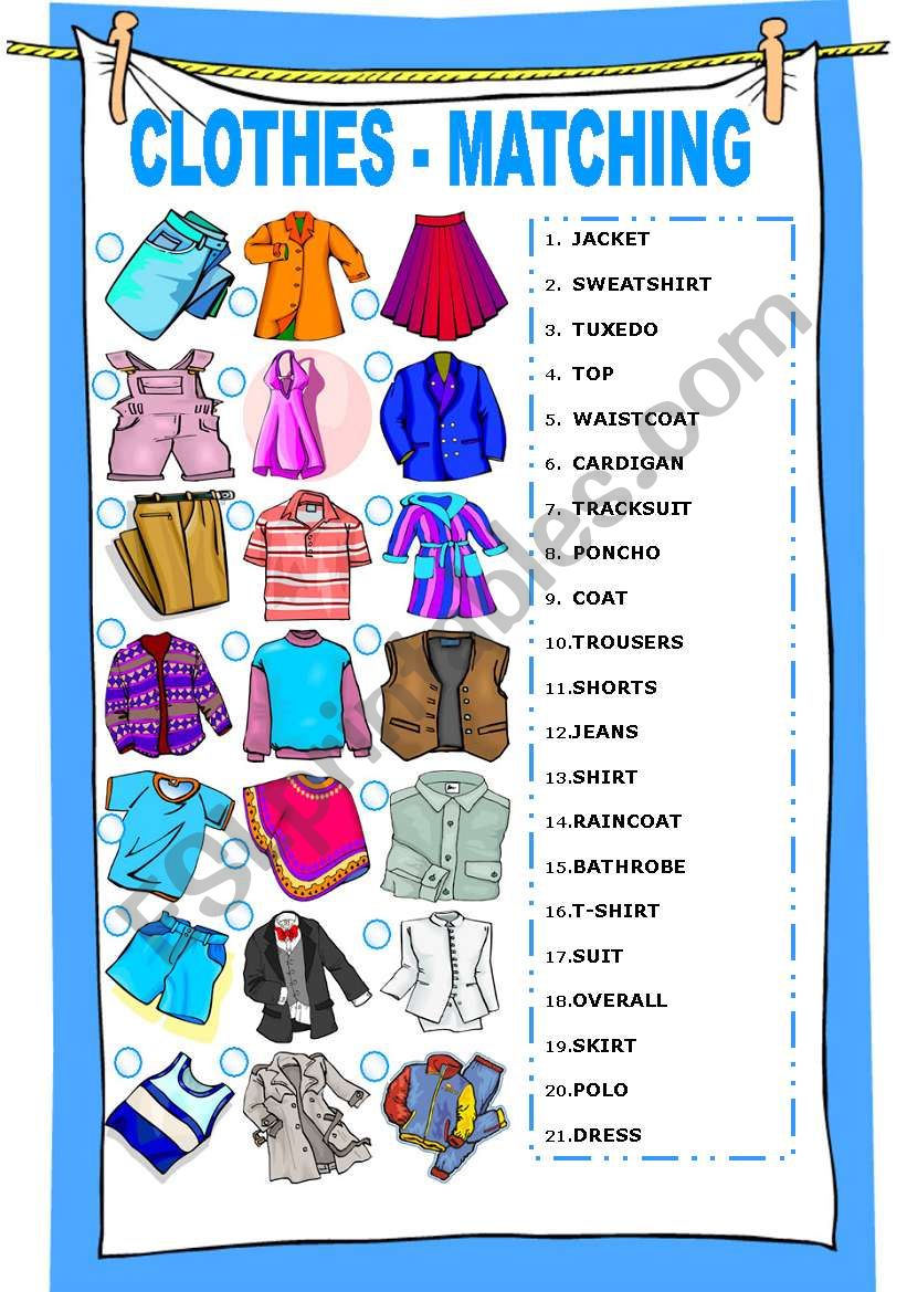 CLOTHES - MATCHING EXERCISE - ESL worksheet by Katiana