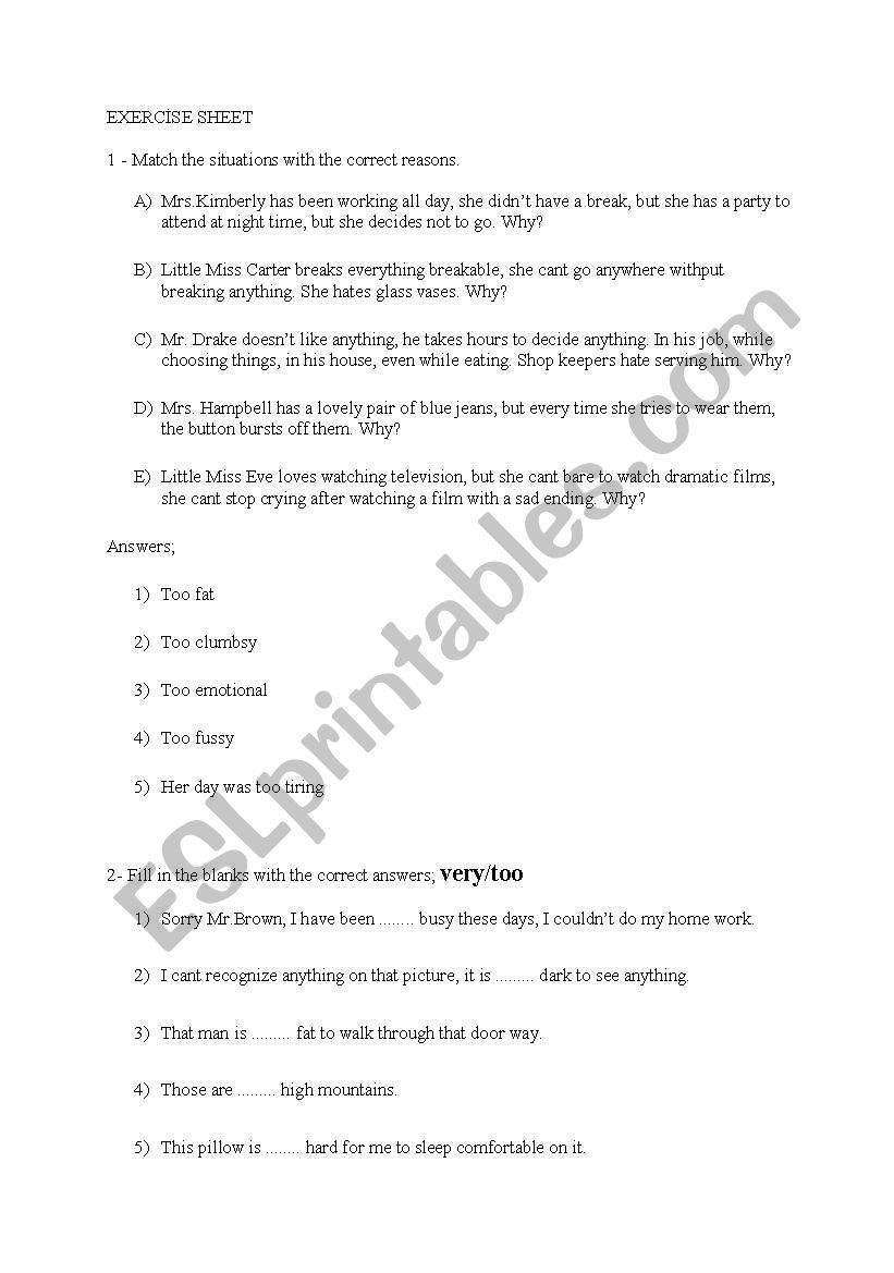 Too + adjectives exercise sheet