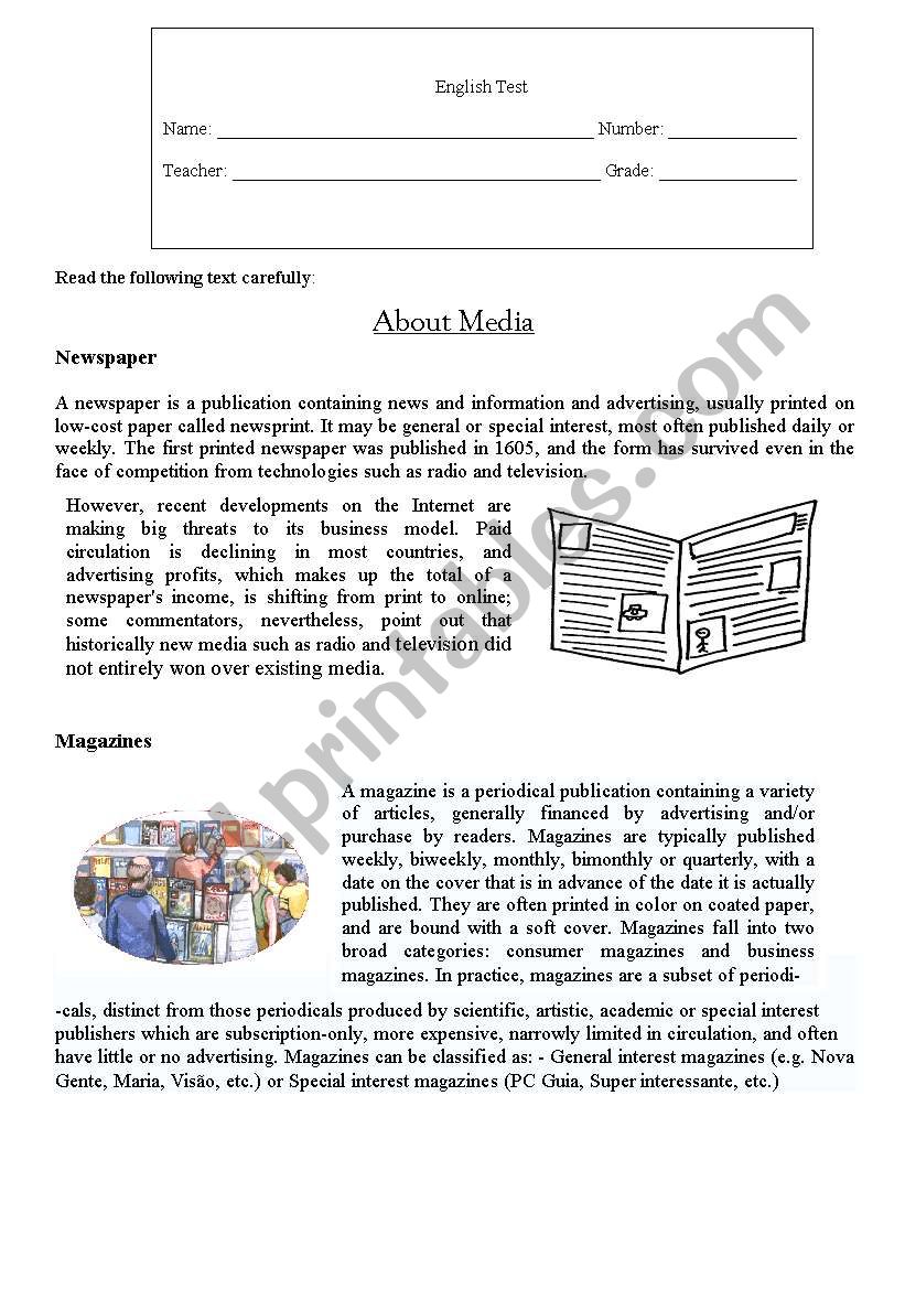 English Test: About Media worksheet