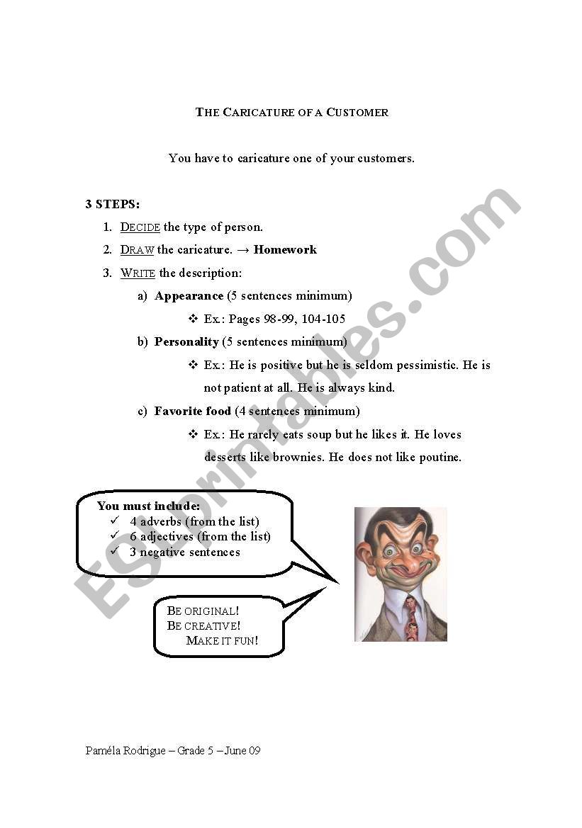 Caricature of a customer worksheet