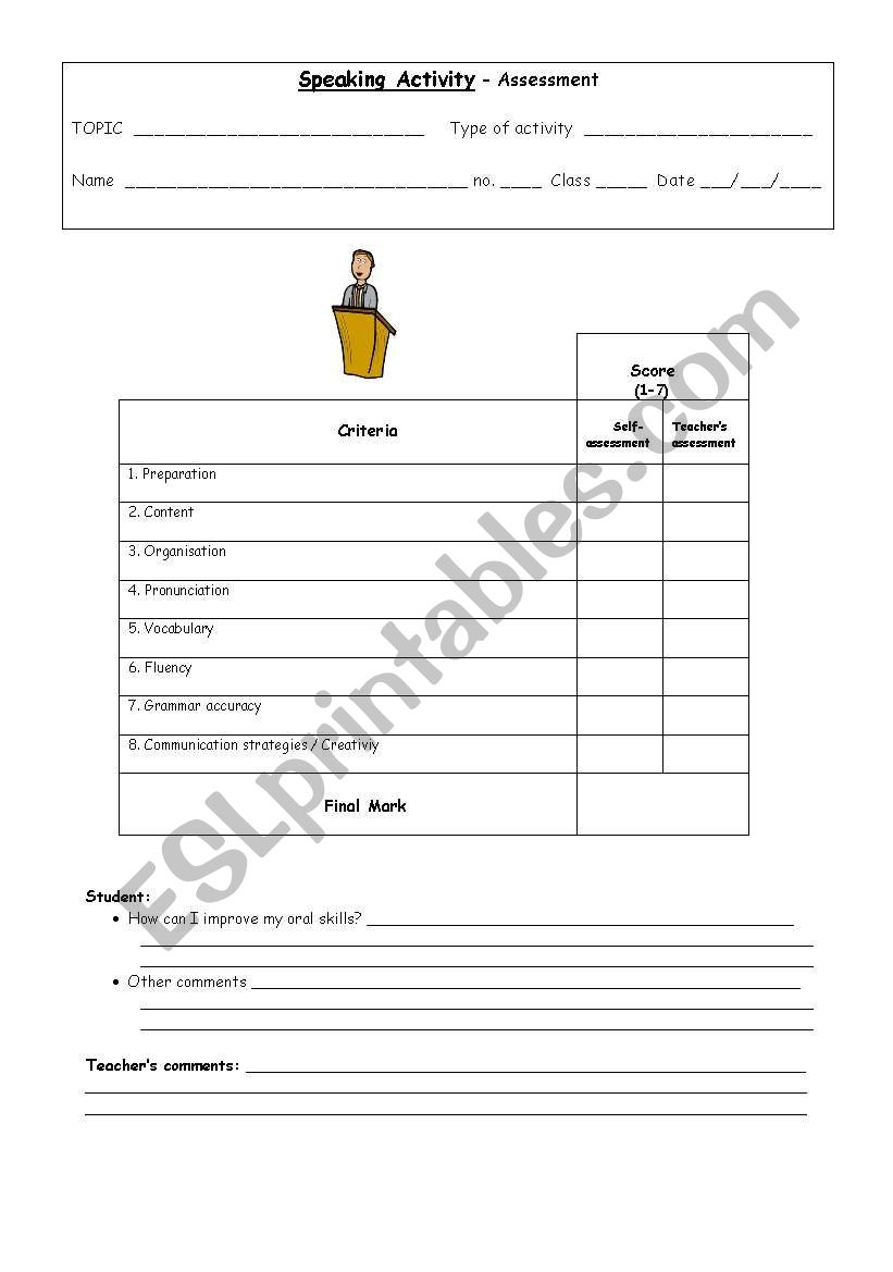 Speaking Assessment worksheet