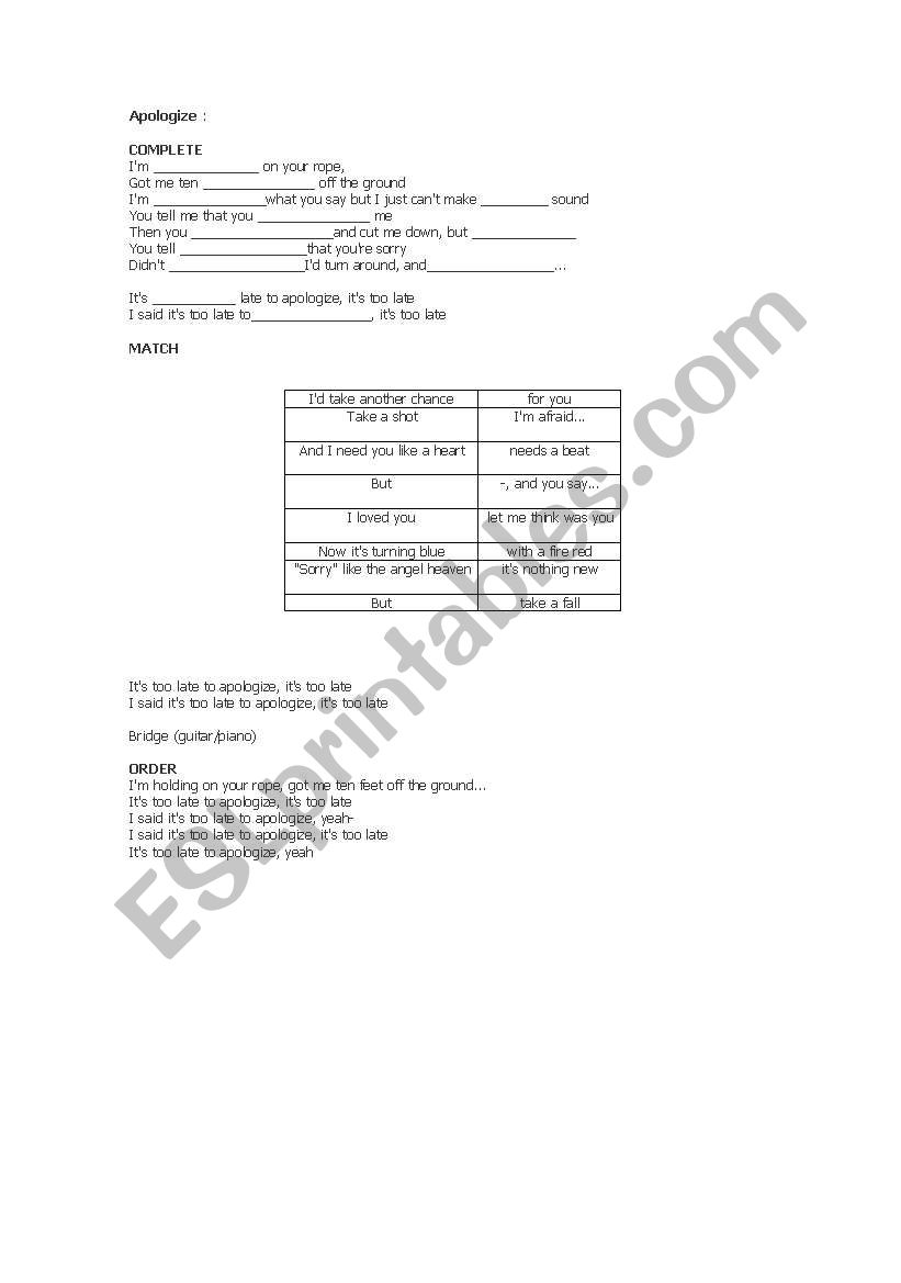 Apologize - One Republic worksheet