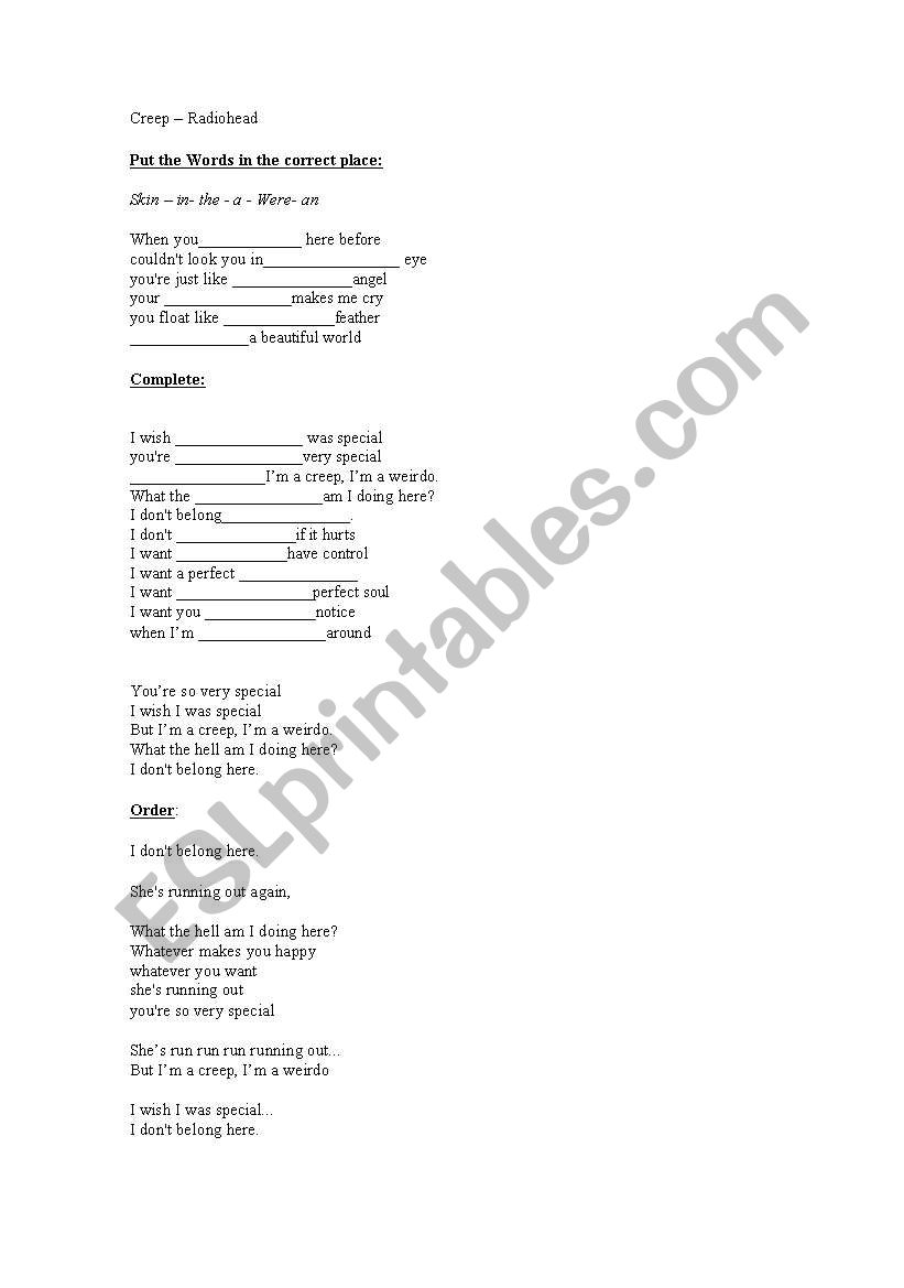 Creep - Radiohead worksheet