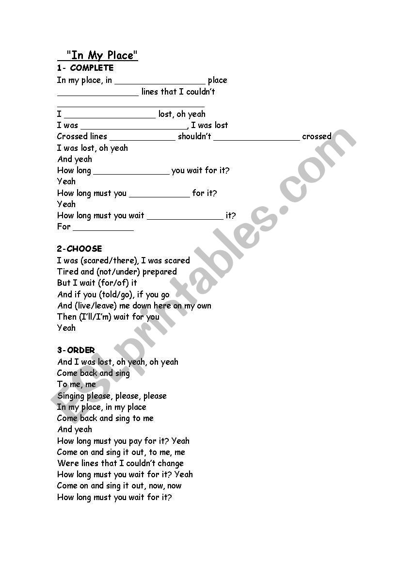 In my place - Coldplay worksheet