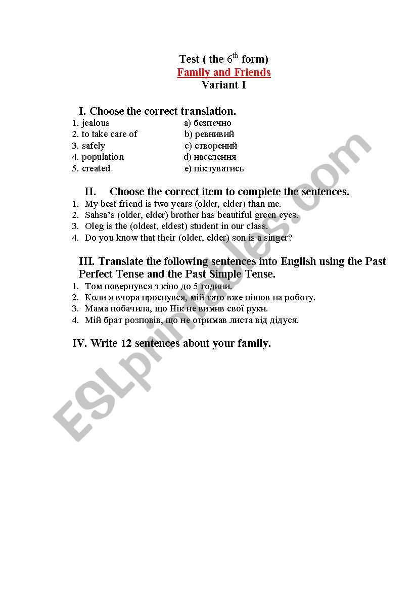 Test. Family and Friends worksheet