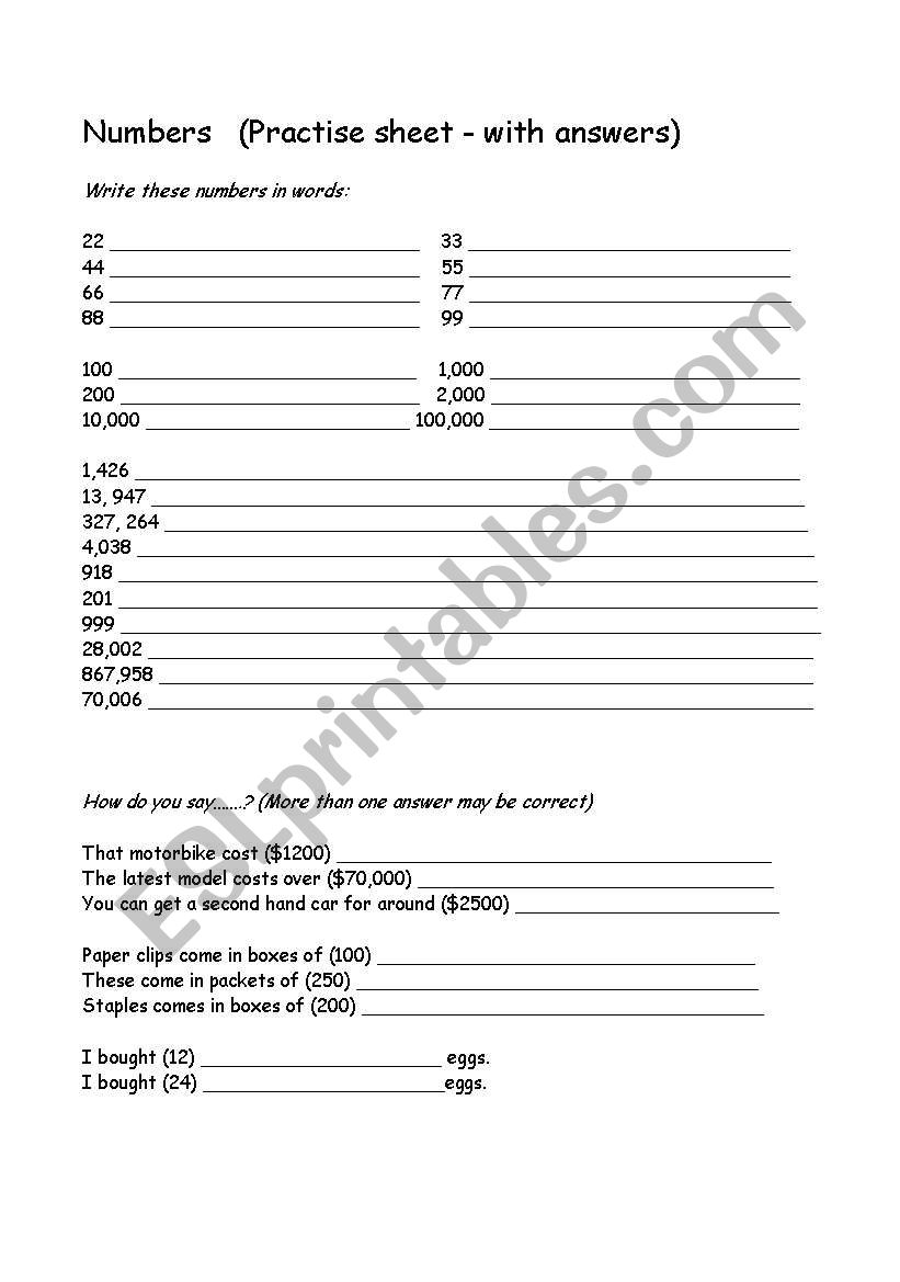 Numbers (Practice sheet with answers)