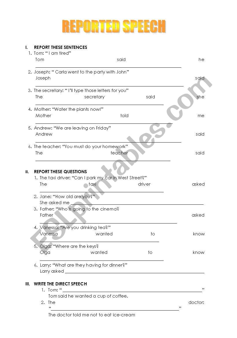 REPORTED SPEECH worksheet