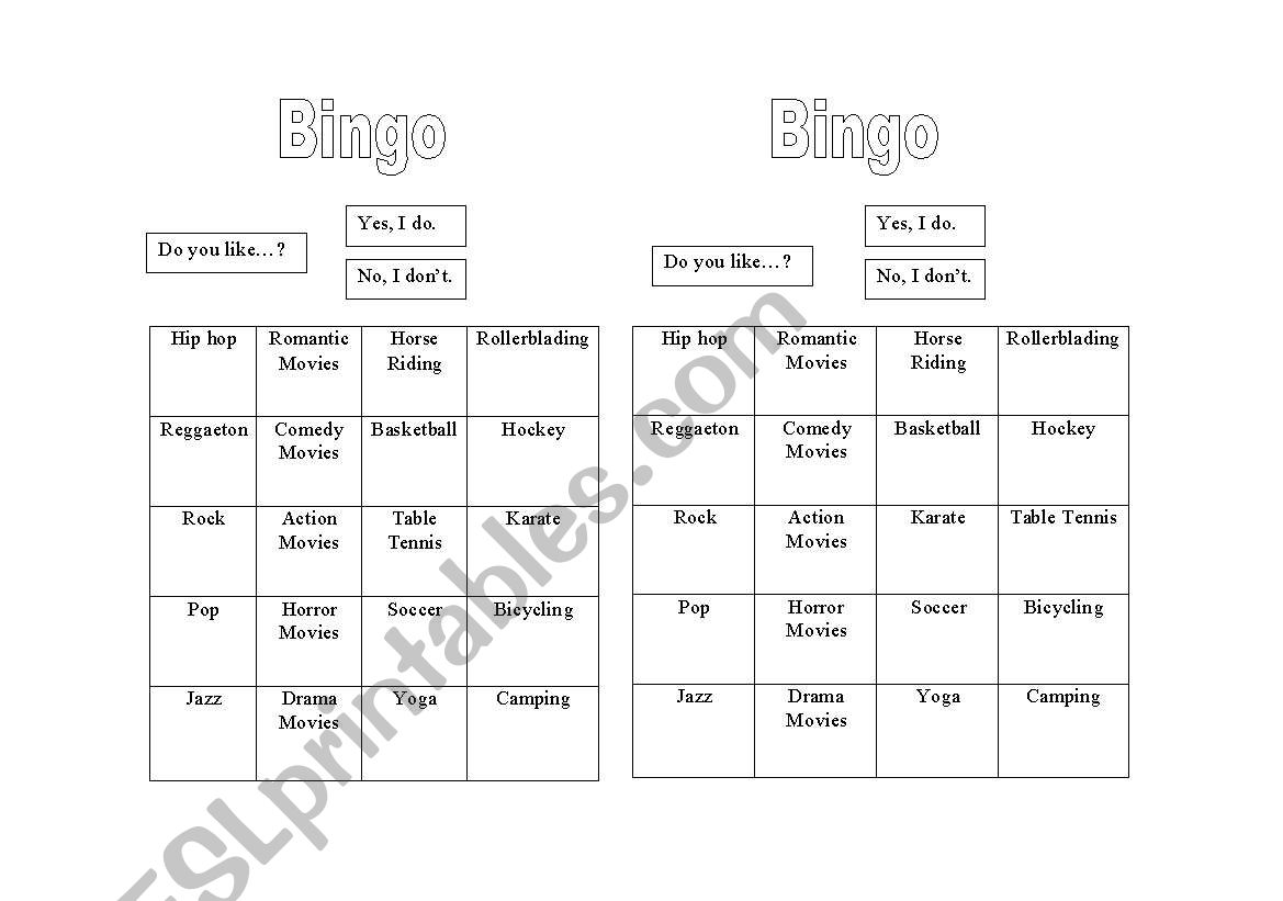 Likes and Dislikes Bingo worksheet