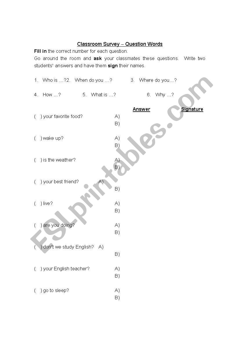 Classroom Survey  worksheet