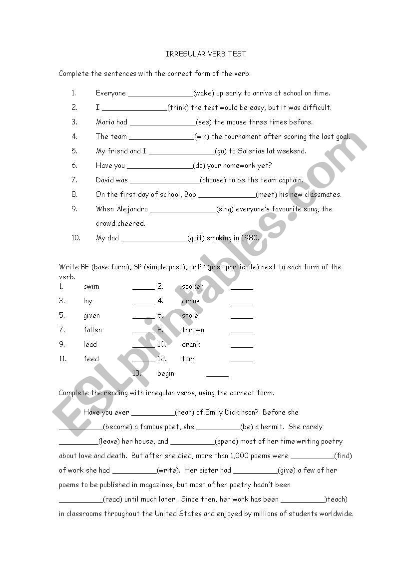 Irregular Verb Test worksheet