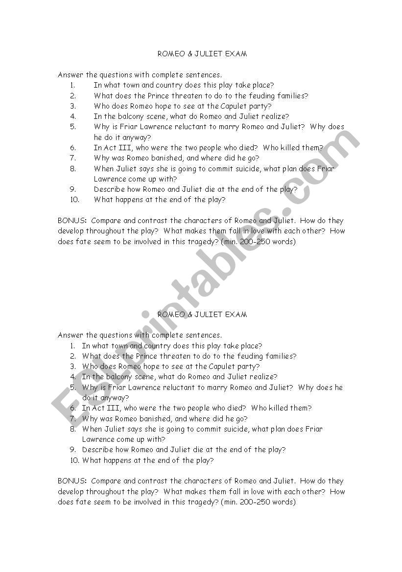 ROMEO AND JULIET EXAM worksheet