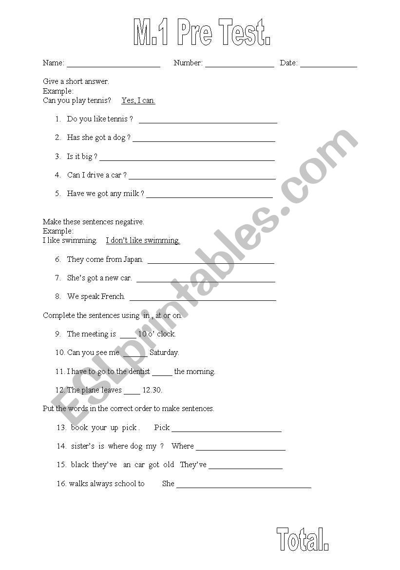 Pre test worksheet