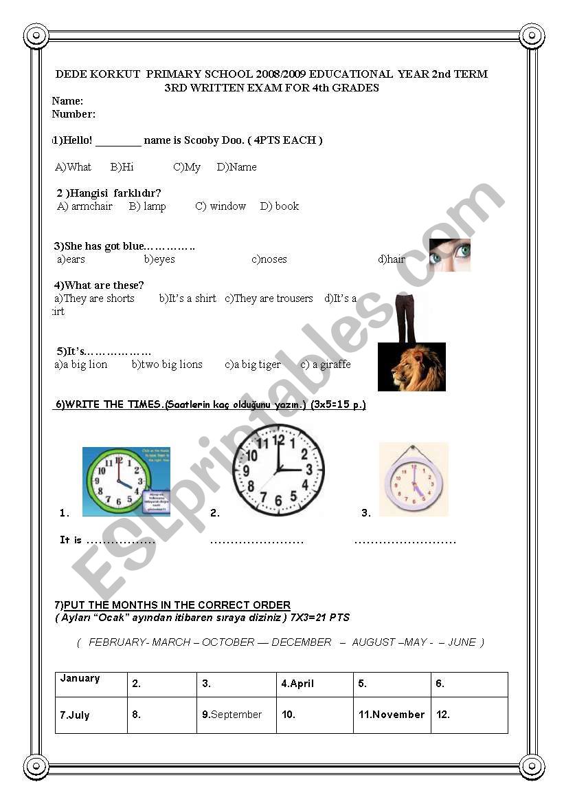 4th grade 2nd term 3rd exam worksheet