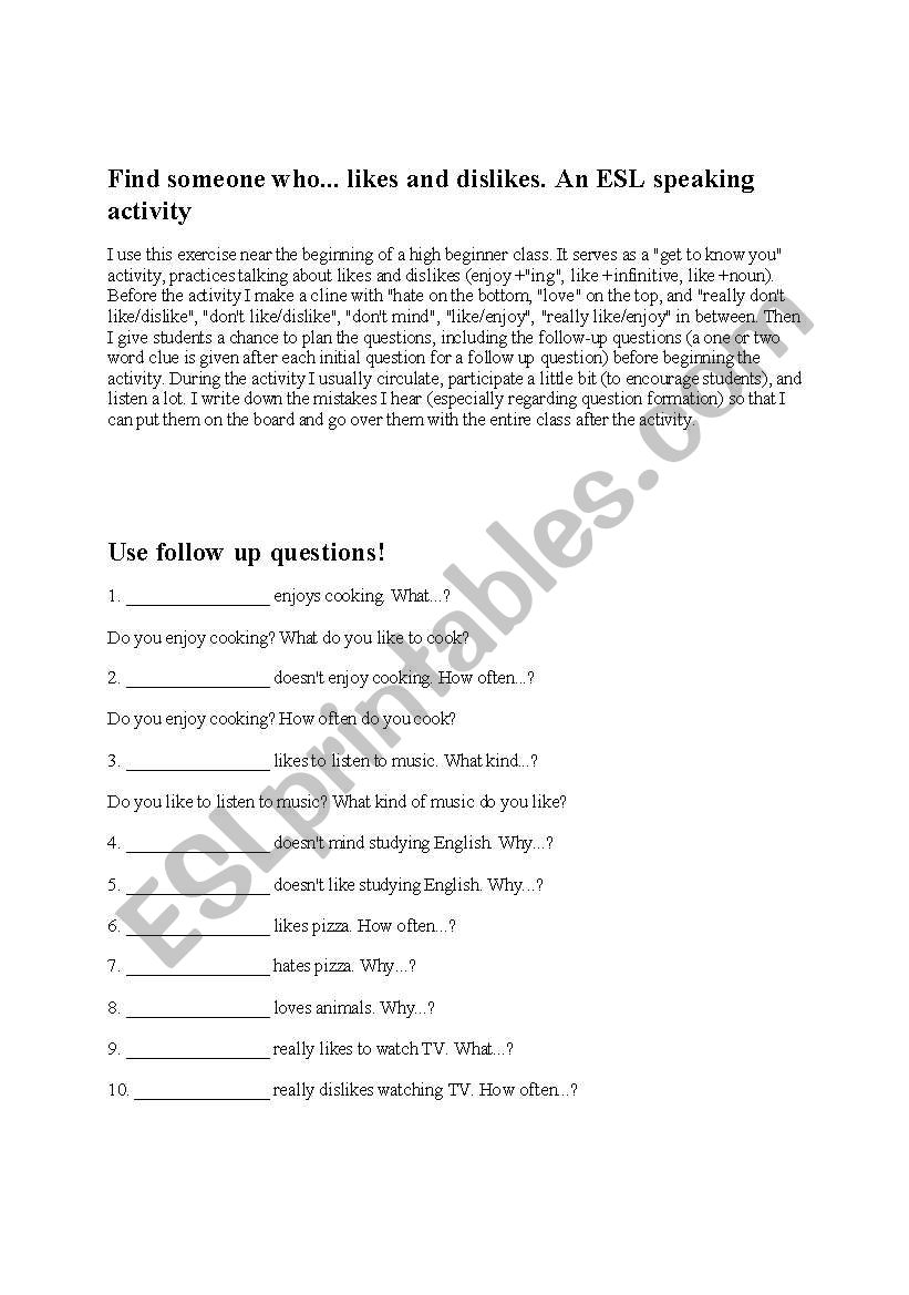 Questionnaire worksheet