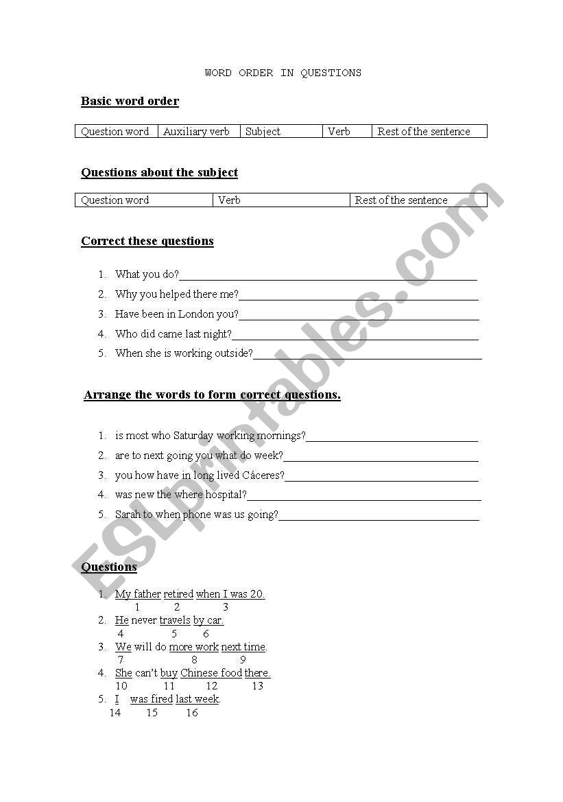 word order in questions worksheet